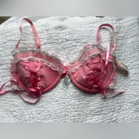 NWT vtg Coquette Y2K Baby Pink Lolita white lace up frilly bow bra delicates 34C - Picture 13 of 16